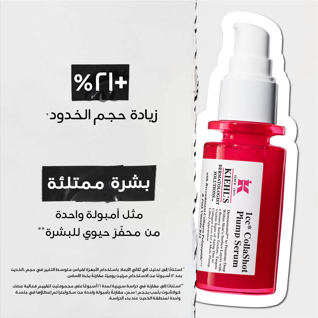 romotional image for Kiehl’s red Hydro-Plumping Serum. Text highlights consumer study results: "90% AGREE SKIN LOOKS PLUMPER" and "93% AGREE SKIN LOOKS FIRMER." Focus is on product efficacy.​