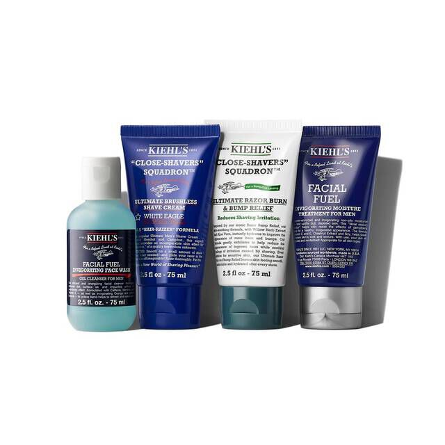 The Grooming Collection, Facial Fuel Invigorating Face Wash Travel Size, Brushless Shave Cream Travel Size, Ultimate Razor and Bump Relief full Size, Facial Fuel Moisturizer Travel Size  ​
