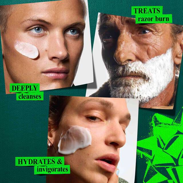 A graphic, set against a dark green background with bright green elements, displays three close-up images, each with a specific benefit highlighted. The top-left image shows a person applying cream to their cheek, with the text "DEEPLY cleanses." The top-right image shows a person with shaving cream on their beard, accompanied by the text "TREATS razor burn." The bottom-center image depicts a person applying cream to their cheek, labeled with the text "HYDRATES & invigorates." Bright green graphic shapes are present in the background.