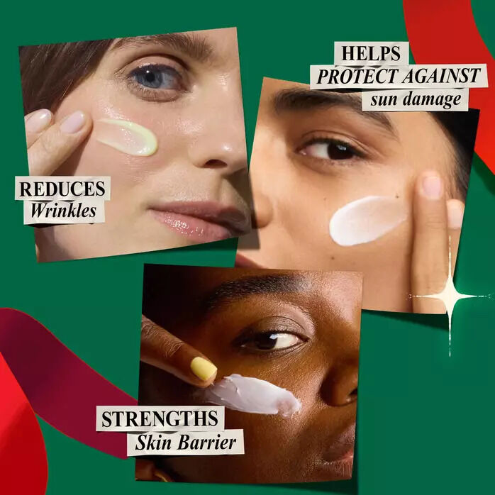 Three models applying skincare cream, with text overlays stating "REDUCES Wrinkles," "HELPS PROTECT AGAINST sun damage," and "STRENGTHS Skin Barrier" against a festive green background.​