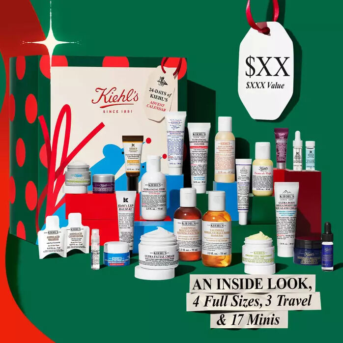 Kiehl’s holiday gift set with assorted skincare products and festive gift box; promotional elements highlight a $XX value and “An Inside Look” set with 3 full sizes and 7 travel sizes.​