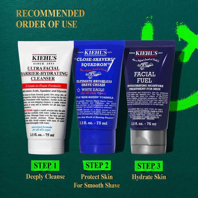 A graphic, set against a dark green textured background with bright green accents, features the text "RECOMMENDED ORDER OF USE" at the top left. Below, three Kiehl’s products are arranged horizontally. From left to right: a white tube of "KIEHL’S ULTRA FACIAL BARRIER-HYDRATING CLEANSER" is labeled "STEP 1 Deeply Cleanse"; a blue tube of "KIEHL’S CLOSE-SHAVERS SQUADRON ULTIMATE BRUSHLESS SHAVE CREAM" is labeled "STEP 2 Protect Skin For Smooth Shave"; and a dark blue tube of "KIEHL’S FACIAL FUEL MOISTURIZER" is labeled "STEP 3 Hydrate Skin." Bright green graphic shapes are present on the right side of the image.