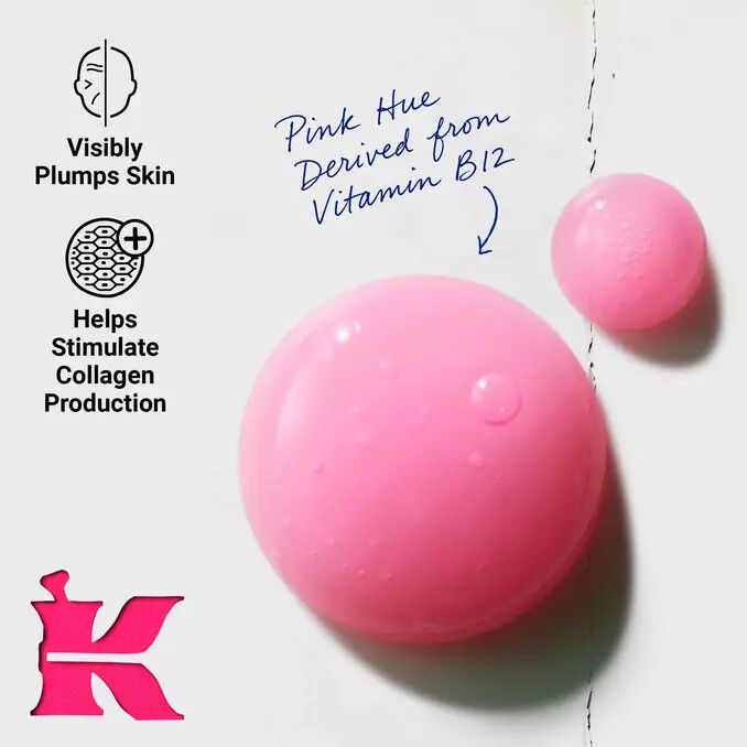 Pink Kiehl’s product spheres on white background with text highlighting visibly plumper skin, collagen support, and a handwritten note about precision dosing and vitamin B12.​