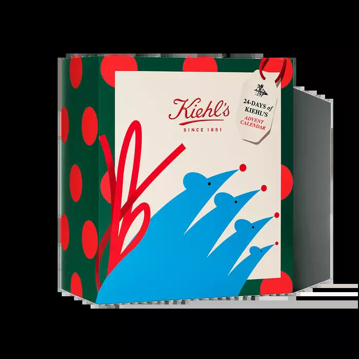 Kiehl’s holiday gift box with colorful abstract design, logo, and “Since 1851” tag, shown as festive promotional packaging.​