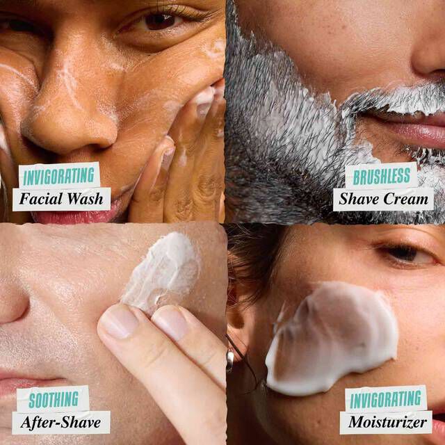  Facial Wash, Shave Cream,  After Shave and Moisturizer swatches on different skin tones​