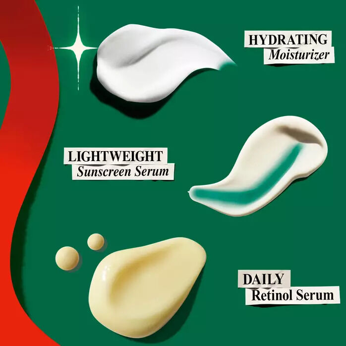 Swatches of three Kiehl's skincare products on a holiday-themed green background: a white hydrating moisturizer, a blue-and-white lightweight sunscreen serum, and a yellow daily retinol serum.​