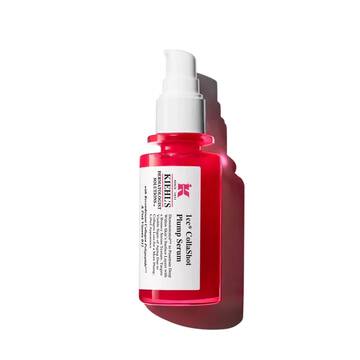 A vibrant red bottle of Kiehl's Hydro-Plumping Serum with a white pump dispenser. The product is centered against a plain white background, highlighting its bold packaging and label.​