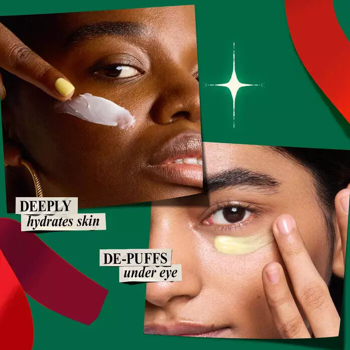 Two models applying skincare products: one applies a white face cream ("deeply hydrates skin"), and the other applies a yellow eye cream ("de-puffs under eye") against a festive green background.​