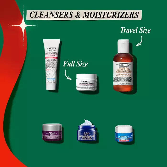 Holiday skincare promo showing Kiehl’s cleansers and moisturizers in full-size and travel- size formats, featuring assorted creams and a toner on a festive green background.​