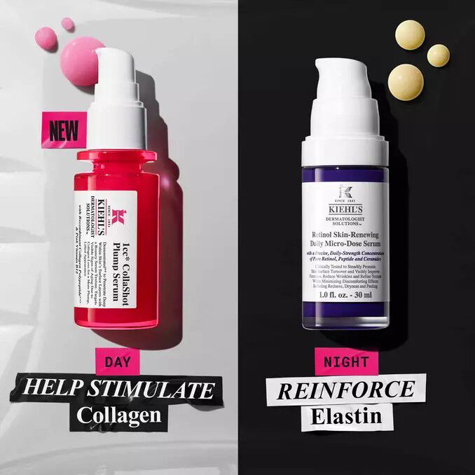Split-screen promotion: Kiehl’s red Hydro-Plumping Serum for "Day" (90% agree skin looks plumper) and blue Fast Release Retinol for "Night" (100% showed reduced wrinkles). Includes serum texture drops.​