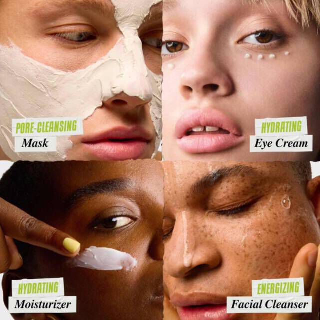 Mask, Eye Cream, Moisturizer, and Facial Cleanser swatches on different skin tones​