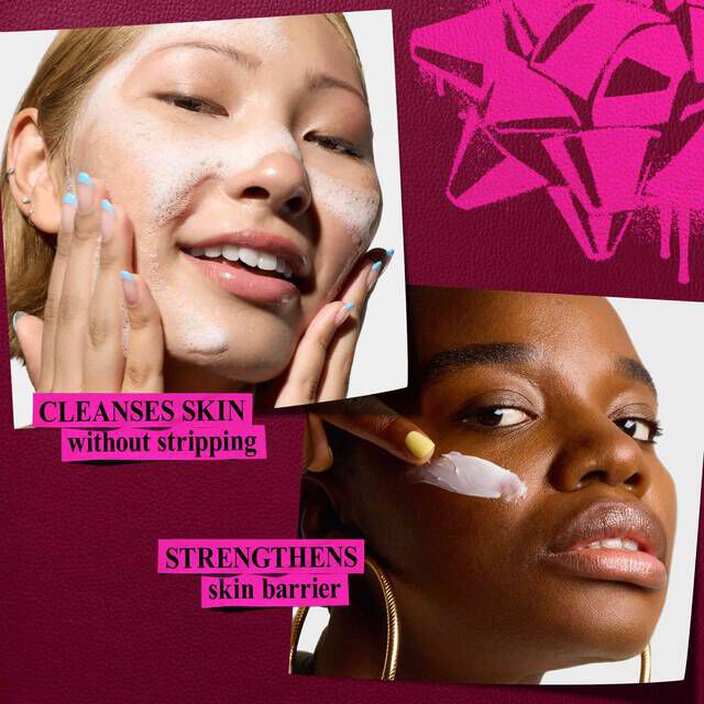 A graphic with a dark red background features a pink bow in the top right. On the top left there's an image of a person with foam applied to their face, and underneath it reads "CLEANSES SKIN without stripping“ in a pink box; on the bottom right there's an image of a person with cream on their cheek, and underneath it reads "STRENGTHENS skin barrier“ in a pink box.