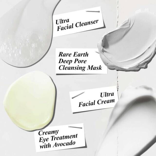 Ultra Facial Cleanser, Rare Earth Mask, Ultra Facial Cream and Creamy Eye Treatment texture swatches​