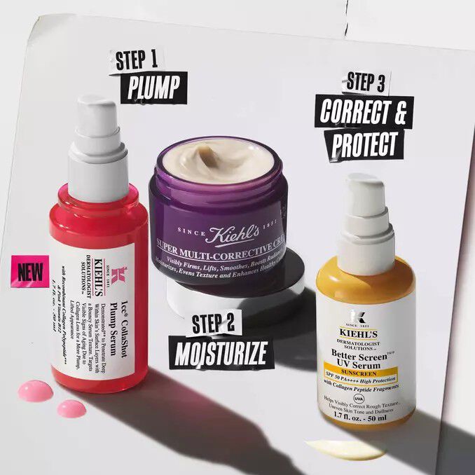 Three-step Kiehl’s skincare routine featuring red Hydro-Plumping Serum (Step 1: Plump), purple Super Multi- Corrective Cream (Step 2: Moisturize), and yellow Vitamin C Serum (Step 3: Correct & Protect). Includes product texture drops.​