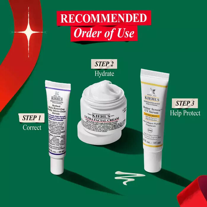 Recommended skincare routine featuring Kiehl’s products in three steps: Step 1 Retinol Skin-Renewing Micro-Dose Serum, Step 2 Ultra Facial Cream, and Step 3 Better Screen UV Serum.​