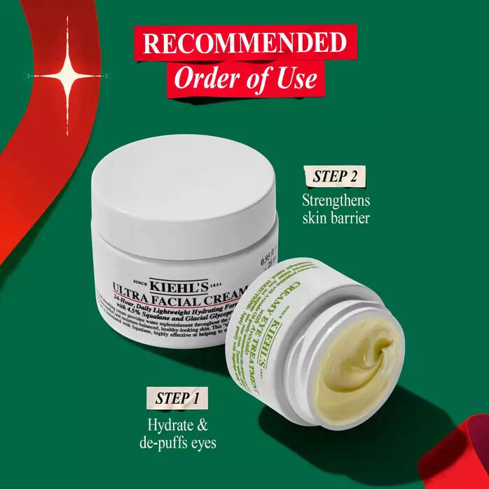 Two models applying skincare products: one applies a white face cream ("deeply hydrates skin"), and the other applies a yellow eye cream ("de-puffs under eye") against a festive green background.​