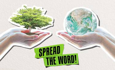 Hands holding a tree and the Earth with a green banner reading "SPREAD THE WORD!" highlighting environmental awareness and sustainability.​