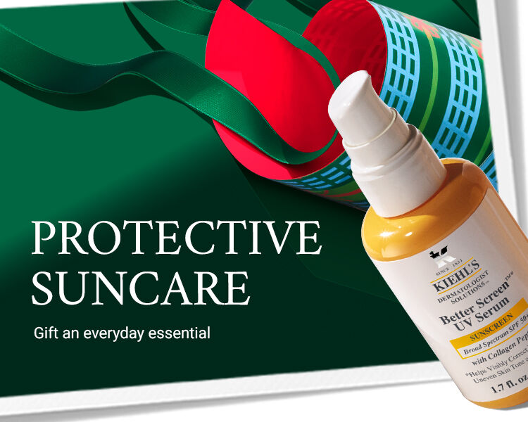 Kiehl's promotional banner for protective suncare featuring Better Screen UV Serum against a green background with holiday ribbons.​