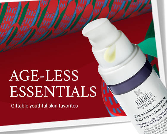 Kiehl's promotional banner featuring Retinol Serum and the text "Age-Less Essentials" against a festive red and green background.