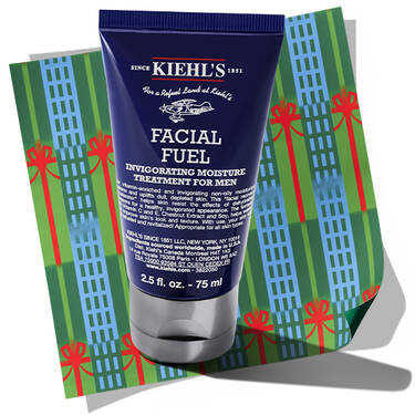 Tube of Kiehl's Facial Fuel Energizing Moisture Treatment for Men set against a patterned holiday background.​